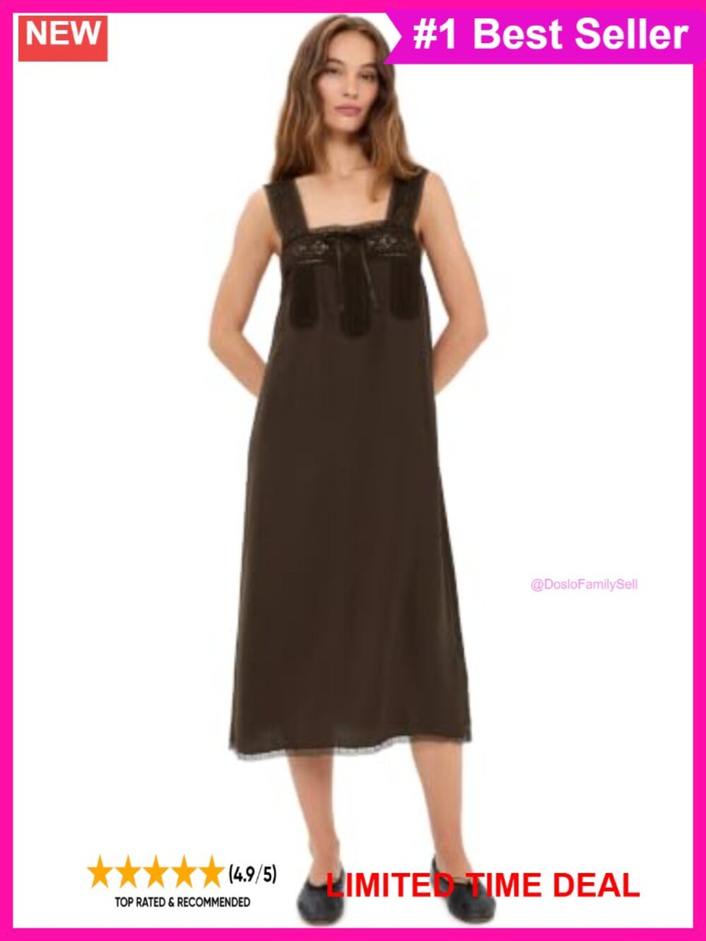 Lace Insert Tie Front Midi Dress Viscose Sleeveless Square Neck